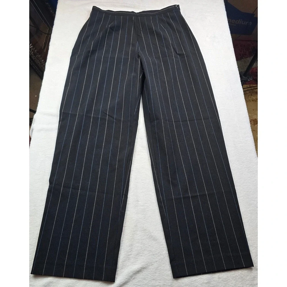 Dialogue Womens Black Pinstripe Wide Leg Dress Pants Side Zip Size 14